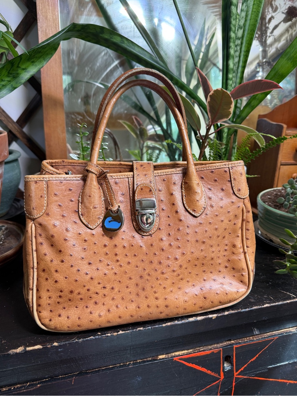 Dooney & Bourke Ostrich Embossed Leather Satchel Tote Cognac Brown